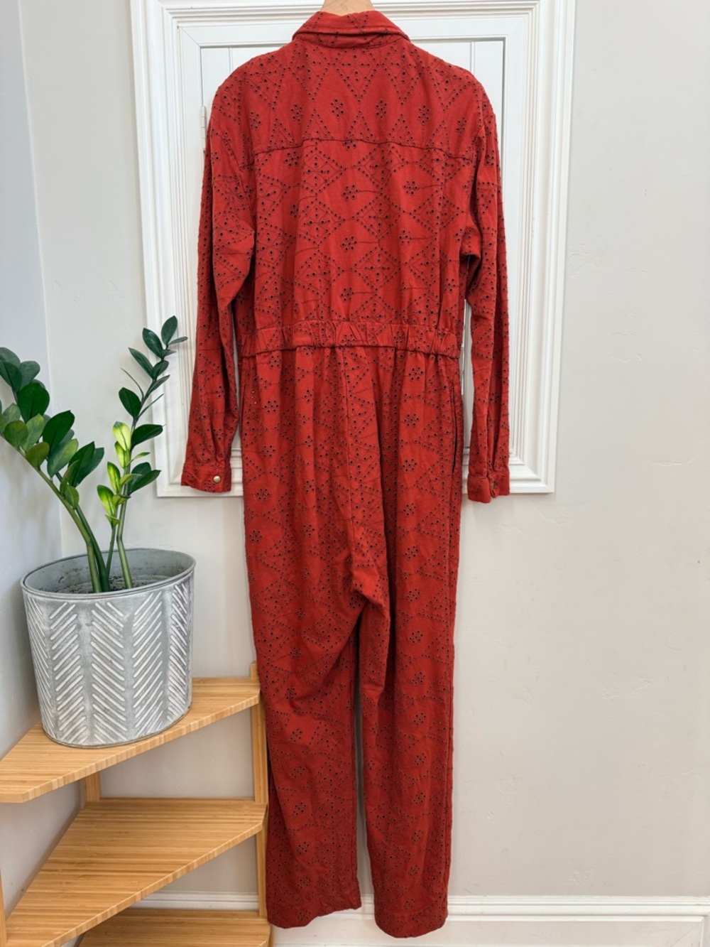 Free People Set The Tone Jumpsuit - Rust Orange Eyelet Long Sleeve - Size 6 - Picture 5 of 5